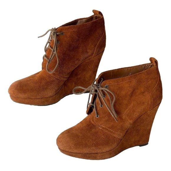 Jessica Simpson Brown Suede Ankle Bootie Platform Heels Lace Up Boots, Sz 7M - Picture 1 of 7
